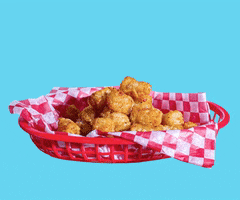 Stop Motion gif. Pile of tater tots dwindle one by one in a food basket until they’re all gone. Text, “aaaaand it’s gone.”