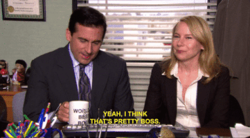 The Office gif. Steve Carell as Michael and Amy Ryan as Holly sit behind his desk and talk jovially as he says, "Yeah, I think that's pretty boss." Then she says, "He knows how to get things done. He got me." He looks surprised and says to her, "Whoa!" They both giggle and she and says, "Sorry." He looks at us seriously and says, "Went twice." Then looks at her and says, "Right?" and they both nod and smile saying, "Mm-hmm."