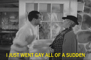 Movie gif. Cary Grant as David in Bringing Up Baby wears a fluffy white bathrobe and throws his hands in the air as he jumps excitedly in front of an elderly woman. 