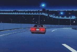 Anime gif. We see a car from behind as it drives down a highway in the dark, past street lights in Wicked City.