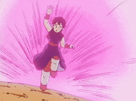 Anime gif. Chi-Chi from Dragonball Z runs towards Goku at full speed and launches herself around his neck. They spin together as he looks shy and shocked.