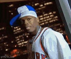 Celebrity gif. In front of a cityscape at night, 50 Cent shakes his head and turns away from us in disappointment.