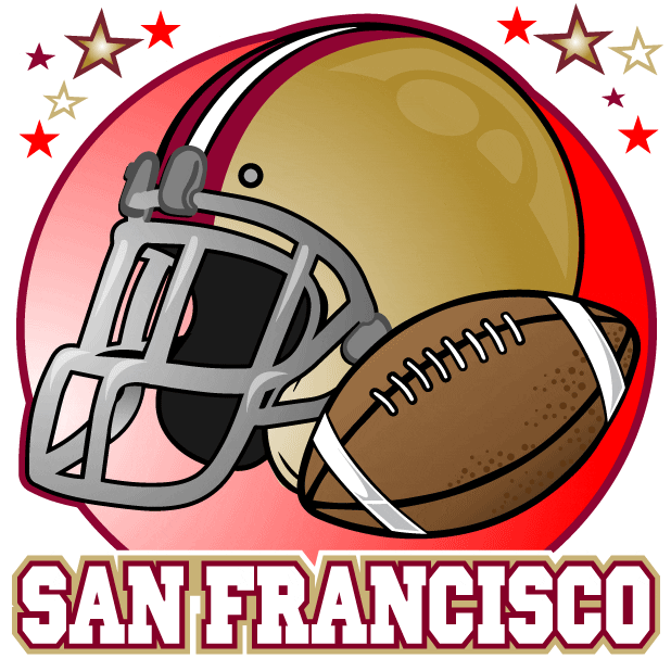 Digital art gif. A football helmet flashes San Francisco 49ers black, red, and gold next to a football and clusters of stars, also flashing team colors. Text below reads, “San Francisco.”