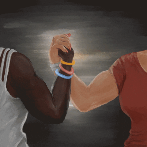 Digital art gif. Two women clasp their hands together, flexing their muscles against a gray-painted background. Text, “We are the solution.”
