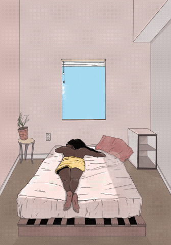An animated gif illustration that shows a woman in a slip or nightie lying facedown on her bed, away from us. The bed is against a wall with a window and through the windo the clouds are passing by quickly, like a time lapse. Nothing else moves. It feels like she is bored or waiting or perhaps life is passing her by.