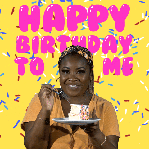 Video gif. Woman eats a forkful of cake as she does a little dance and gazes up with delight against a yellow background with digitized falling sprinkles. Text, "Happy birthday to me."