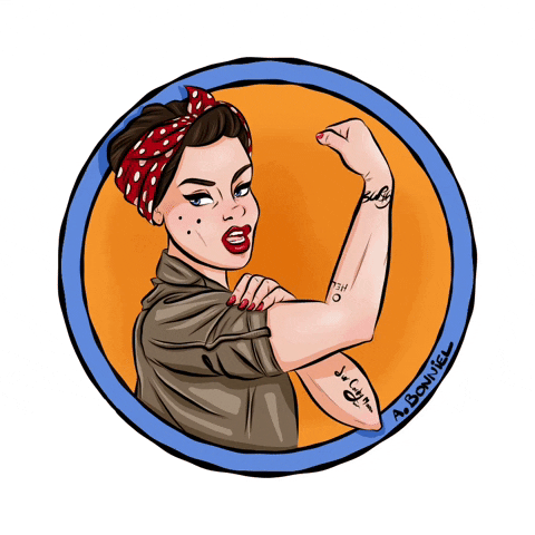 Illustrated gif. Rosie the Riveter wears.a red bandana with matching nails and lipstick. Her brown shirt sleeves are rolled up as she flexes her muscles and curls her lip with attitude.  