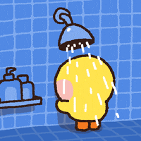 An animated duck showering