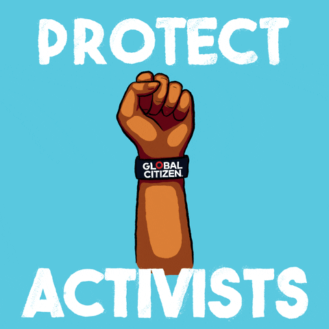 Digital art gif. Several diverse hands appear in succession, all wearing a “Global Citizen” bracelet against a light blue background. One hand holds up a peace sign; one holds up a fist; one holds a pen; one holds a microphone. Text, “Protect advocacy groups, activists, journalists, artists.”