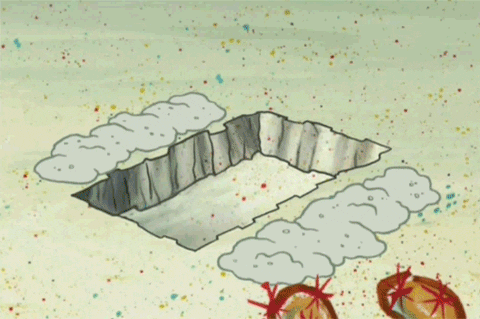 A GIF of SpongeBob jumping into a hole in the ground and pulling dirt over himself.