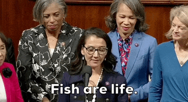 Video gif. Mary Peltola, Alaska U.S. House Representative, speaks into the microphones as four other woman stand in a semi-circle behind her watching her speak, smiling slightly at the words she is saying. Text, "Fish are life."