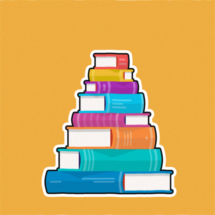 A gif of a stack of books, a ribbon and christmas ornaments appear and make the stack into a christmas tree
