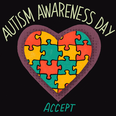 Illustrated gif. Heart-shaped puzzle flashes with jade green, gold, and dark orange pieces on a black background above alternating words that read, "Accept, Understand, Love." Text, "Autism Awareness Day."