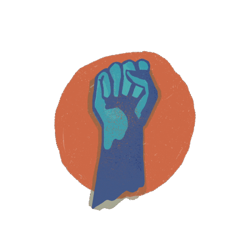 Digital art gif. Blue fist pumps up and down over a transparent background behind the capitalized message, “No backing down.”

