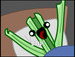 Digital art gif. Celery stick is tucked in bed but they're quivering with excitement and joy as their celery arms raise on their pillow. Their mouth is open, revealing their bright red tongue, and they yell, "DO IT!"