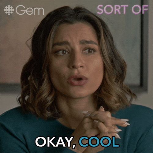 TV gif. Supinder Wraich as Aqsa in Sort Of clasps her hands together and says, “Okay, cool.”
