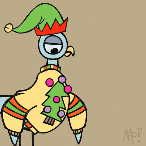 Digital illustration gif. Blue pigeon wearing an ugly Christmas sweater and an elf's hat says "Joy!" raising its hands and doing a somewhat bored-looking side-eyed expression against a beige background.