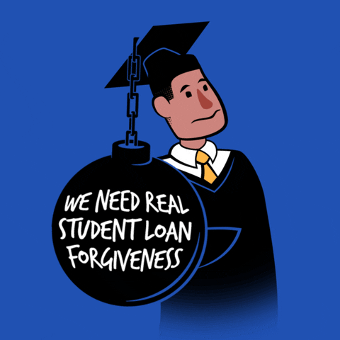Digital art gif. Illustration of a cartoon male college graduate wearing a cap and gown, but instead of a tassel, a ball and chain hangs from the cap, dragging the man's head down. Inside the ball is text that reads, "We need real student loan forgiveness," all against a blue background.