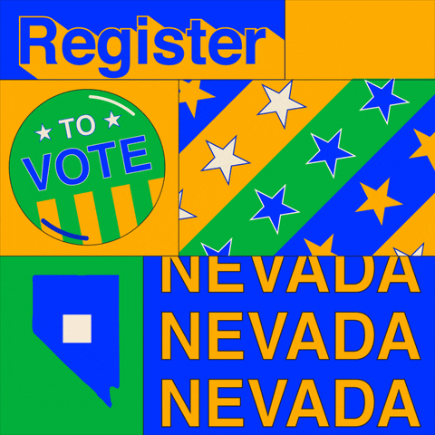 Digital art gif. Collage of green, blue, and orange boxes features the shape of Nevada with a box being checked, several colorful stripes filled with stars, and a “Vote” button that dances back and forth. Text, “Register to vote Nevada.”
