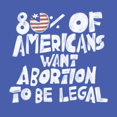 Digital art gif. Cartoonish white letters that look like they've been written on a blue chalkboard read, "Eighty percent of Americans want abortion to be legal."