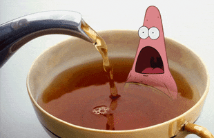 SpongeBob SquarePants gif. Patrick looks horrified, with wide eyes and gaping mouth, as he sits in a teacup filling up with tea.