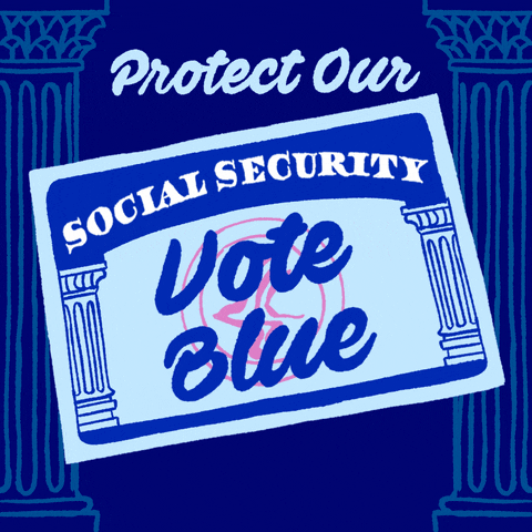 Illustrated gif. Social Security card bobbing and rocking in front of a cobalt background with penciled columns, message reading, "Protect Social Security, vote blue."
