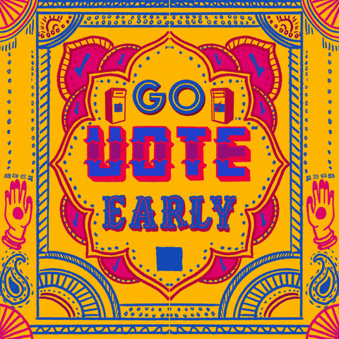 Digital art gif. Intricate batik-style pattern like a sari, goldenrod yellow with blue and magenta details, including hands and checkmarks and ballot boxes. Elaborate text reads, "Go vote early."