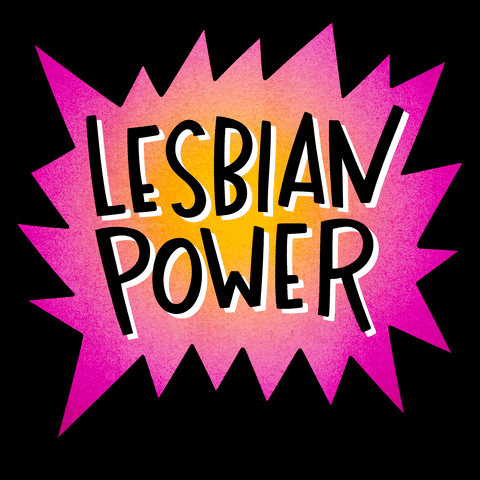 Digital art gif. Inside a pink and yellow spiky shape, black all-caps letters read, "Lesbian power," everything against a black background.