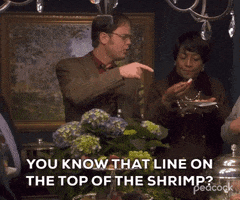 The Office gif. Rainn Wilson as Dwight points at the shrimp on a woman’s plate and asks, “You know the line on the top of the shrimp? That’s feces.” She looks down at the shrimp in disgust.