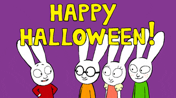 Cartoon gif. Simon Super Rabbit proudly faces smiling friends Ferdinand, Lou, and Mamadou beneath yellow text that reads "Happy Halloween!" They all recoil in horror when four spiders drop down from the letters above them.