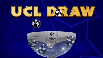 Sports gif. The UEFA Champions League logo is on a glass bowl filled with white and blue balls. The balls spins around in the bowl. Text, “UCL Draw.”