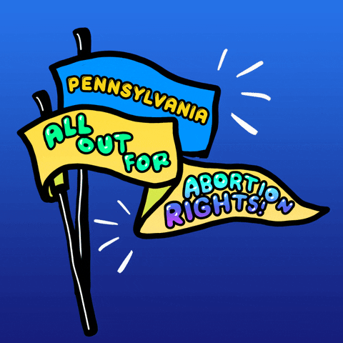 Digital art gif. Two pennants wiggle slightly against a blue ombre background. The first pennant says, “Pennsylvania.” The second says, “All out for abortion rights!”