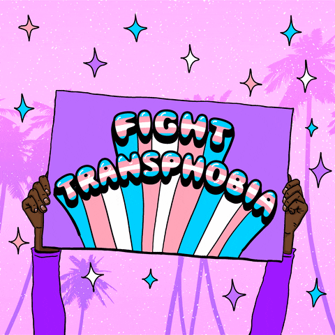 Digital art gif. Two cartoon hands with purple sleeves hold up a purple sign that says "fight transphobia" in the colors of the trans flag, pink, blue, and white. Pink, blue, and white stars sparkle in the background.