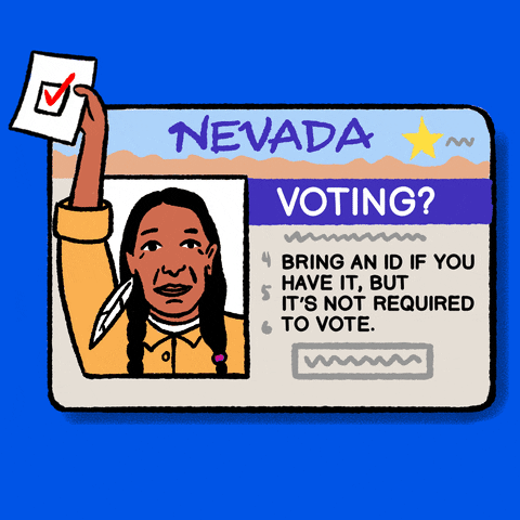 Digital art gif. Nevada identification card against a bright blue background flashes four different profiles, holding up a ballot, including a Native American man, a White woman, a Black woman, and a Latinx man. The ID card reads, “Voting? Bring an ID if you have it, but it’s not required to vote.”