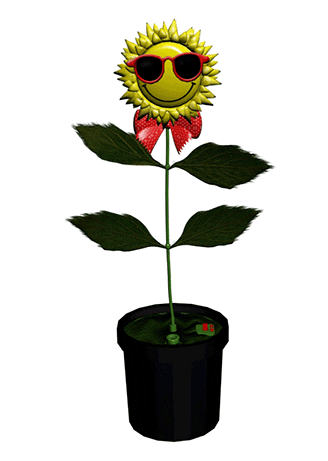 Digital art gif. 3-D illustration of a potted sunflower with a smiley face, wearing red sunglasses and a red bowtie, swaying its stem side to side to dance.