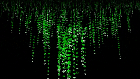 Gif of Matrix like particle system where green japanese letters are falling down 