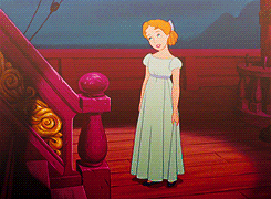Cartoon gif. Wendy Darling from Peter Pan looks up at a staircase and curtsies cutely.