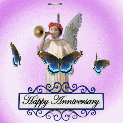 Digital art gif. Cherub is tooting a trumpet while their halo floats above them, butterflies fluttering around. On the bottom is a rotating banner that reads, "Happy Anniversary!"