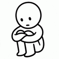 Illustrated gif. Black and white cartoony character sits with arms wrapped around curled-up knees as tears fall down his face.