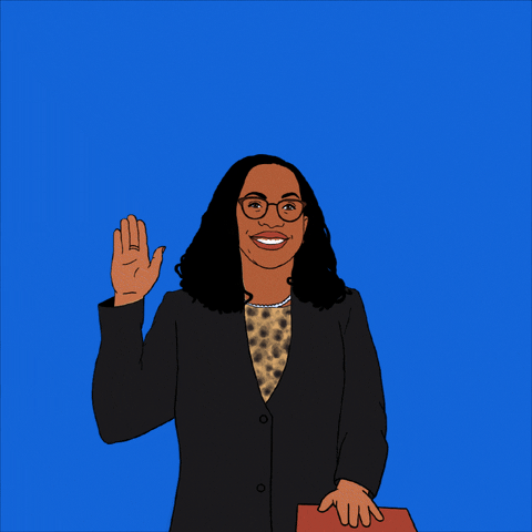 Political gif. Illustration of Ketanji Brown Jackson smiling as she raises a hand and rests the other on a bible in front of a blue background. Text, "Confirm Judge Ketanji Brown Jackson to the Supreme Court."