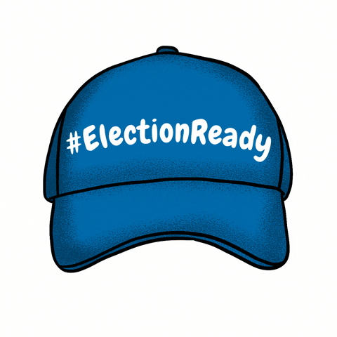 Digital art gif. Blue baseball cap radiates cheerful yellow lines against a white background. Text, “#ElectionReady.”