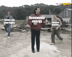 Meme gif. Man surrounded by a group of men kicks and thrashes wildly in self-defense, knocking the men to the ground one by one. The middle man is labeled "Renewable energy" and the other men are labeled "oil price gouging," "future job shortages," "animals going extinct," and "extreme weather."