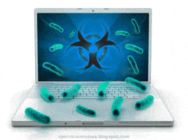 Ad gif. Antivirus ad features a laptop flashing a biohazard sign as glowing and strobing virus particles spew from the screen.