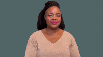 Video gif. Woman smiles while interlocking her hands to sign "Congratulations," which appears as text.