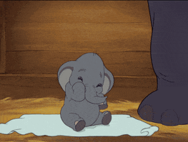 Disney gif. A sleepy baby Dumbo wipes his blue eyes with his tiny baby hoof as his mother stands next to him in the stable.