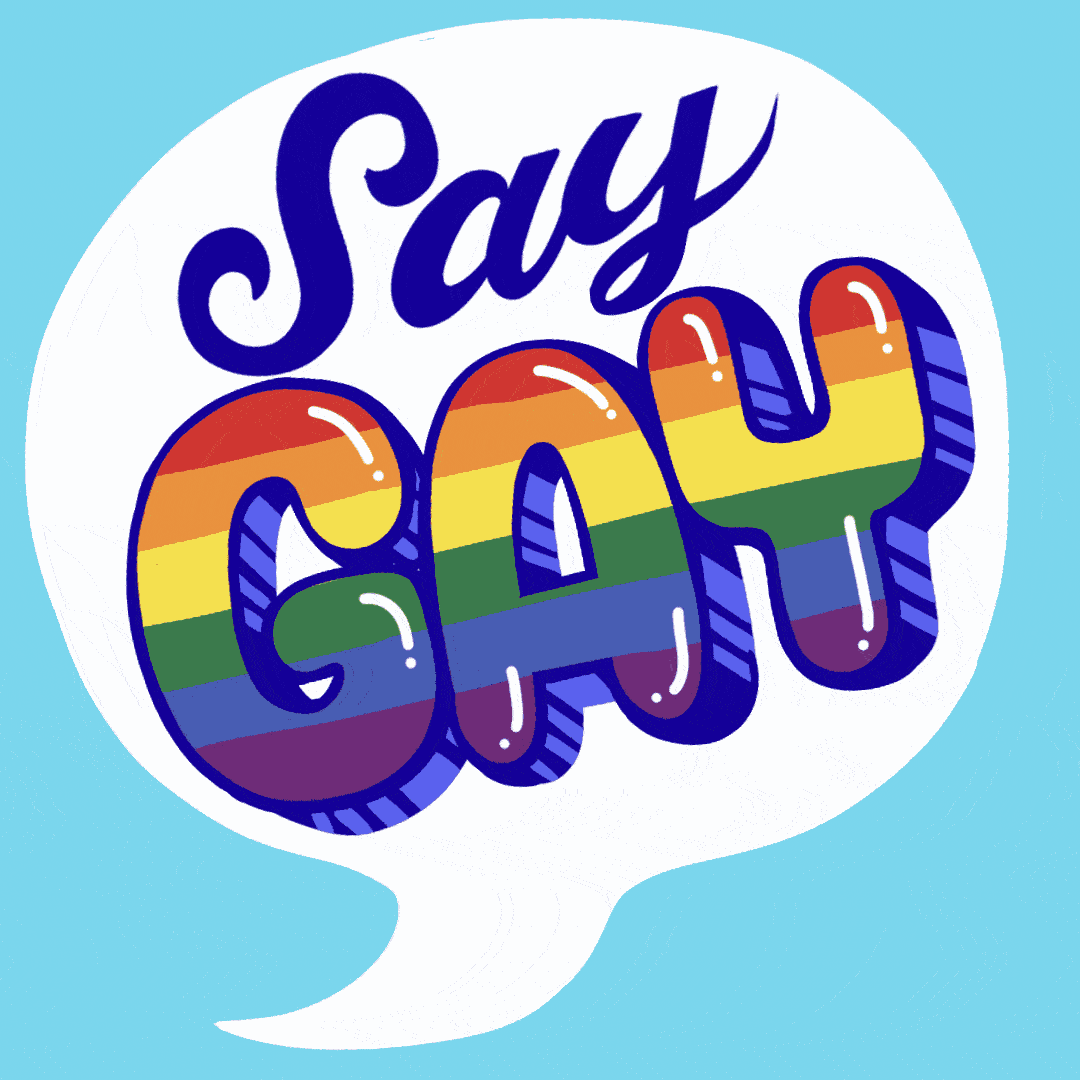 Text gif. A speech bubble contains rainbow lettering that says, "say gay."