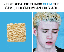 Celebrity gif. Side-by-side videos. On the left, a square of blond and curly uncooked ramen noodles dances. On the right, a young Justin Timberlake bobs his curly, frosted blond bead. Text, “Just because things seem the same, doesn’t mean they are. Know the difference between candidates at guides.vote.