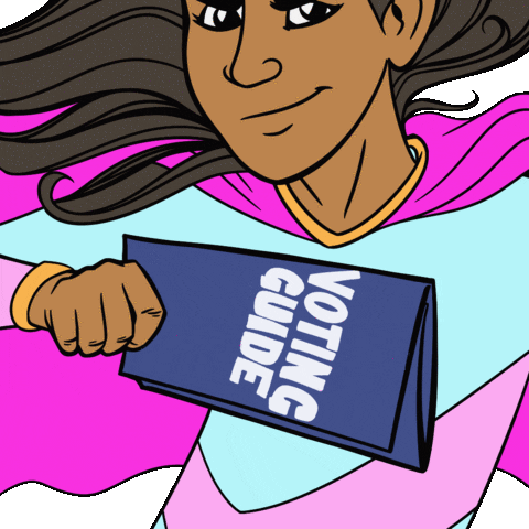 Digital art gif. Woman with a determined expression in a superhero costume holds up a voting guide. She spins around and lifts the guide into the air as the wind blows her hair and her pink cape behind her, and orange and blue lines shoot in all directions against a white background. She rests one foot on a block that reads, “Power to the polls.”