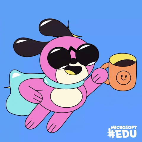 Ad gif. An illustration of a pink dog-like superhero with a cape and sunglasses, holding up a mug of coffee. Logo in corner says "hashtag Microsoft Edu."