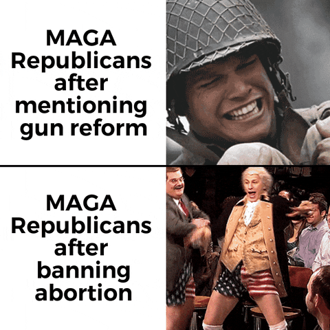 Video gif. Splitscreen. At the top, Matt Damon as Private Ryan in Saving Private Ryan screams in terror next to the caption, “MAGA Republicans after mentioning gun reform.” At the bottom, Andy Samberg on SNL dressed up as George Washington in American flag boxer shorts dances wildly next to the caption, “MAGA Republicans after banning abortion.”
